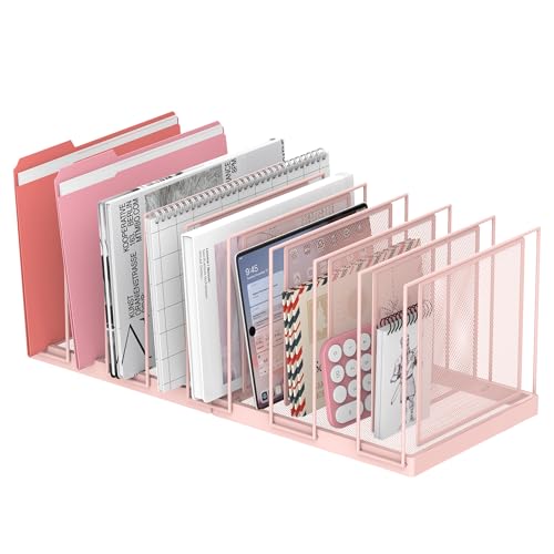 9-Section Desk File Organizer, Vertical File Holder, Mesh Desktop File Folder Metal File Organizer Stand for Office Home Classroom, Pink - color: Pink, size: 1 Pack 9-Section