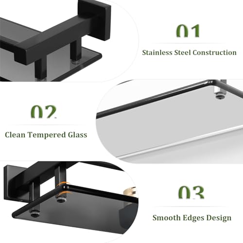 Alise Bathroom Glass Shelf with Stainless Steel Railing, Matte Black Small Tempered Glass Floating Wall Shelf Over The Toilet, 16 inch - color: Matte Black, size: 16 Inch