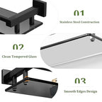 Alise Bathroom Glass Shelf with Stainless Steel Railing, Matte Black Small Tempered Glass Floating Wall Shelf Over The Toilet, 16 inch - color: Matte Black, size: 16 Inch