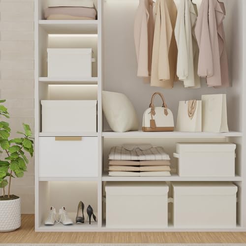 Fabric Storage Bin with Lid, Closet Boxes with Cover, Collapsible Stackable Organizer Basket with 2 Handles, for Home and Bedroom, 4 Pack, Beige, 10.2 x 7.9 x 6.7 In, XSNY12BES-4 - color: Beige, size: Small（4 Pack）
