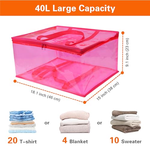 Vieshful Pink 40L Clear Clothes Storage Bag with Zipper 3 Pack Colorful Clothes Organizer Vinyl Storage Bag for Comforter, Blanket, Bedding, Duvet, Transparent Moving Totes - color: Pink-3 Pack, size: 40L