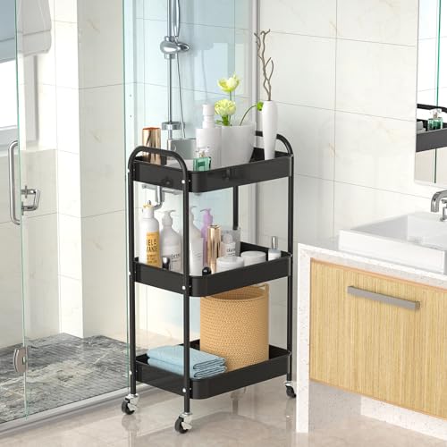 3-Tier Rolling Metal Storage Cart with Wheels, Multi-Functional Organizer for Office, Kitchen, Bathroom, Books Diapers - Easy Assembly (Black) - color: Black