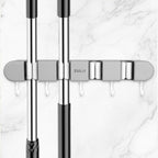 Mop and Broom Holder Wall Mount, 4 Racks and 5 Hooks Self Adhesive Garage Organizer Storage Tool Racks for Kitchen Garden Laundry (Grey)