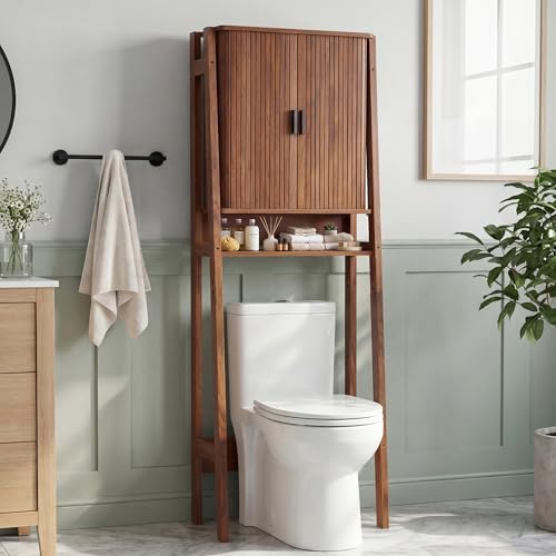 weselon Over the Toilet Storage Cabinet with Fluted Sliding Doors, Bathroom Space Saver Organizer, Freestanding Over Toilet Storage Rack for Small Bathroom, Wall-Anchored Wooden Cabinet (Walnut) - color: Walnut