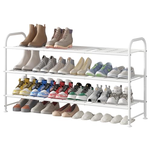 LINZINAR Shoe Rack Long 3 Tier Shoe Storage Organizer Metal Wide Shoe Shelf for Closet Entryway Bedroom 24 Paris Large Capacity, Black (White, 3-Tier) - color: White, size: 3-Tier