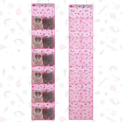 Windyun 2 Pcs Kids over The Door Shoe Organizer 24 Pockets Unicorn Baby Water Bottle Organizer Rack Hanging Girls Pink Shoe Storage for School Door Closet Bedroom Wall