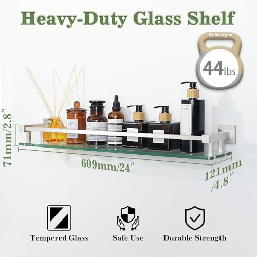 Alise Glass Bathroom Shelves Wall Mounted, 24 Inch Tempered Floating Shelves Bathroom, Stainless Steel Bathroom Glass Shelf - color: Brushed Nickel, size: 24 Inch