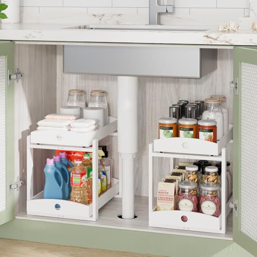 Bamboo Wood Under Sink Organizer 1 Pack, Pull Out Cabinet Organizer 2 Tier Under Sink Organizers and Storage with Sliding Drawer Sturdy Easy Assembly for Kitchen Bathroom Undersink (White, 2 Packs) - color: White