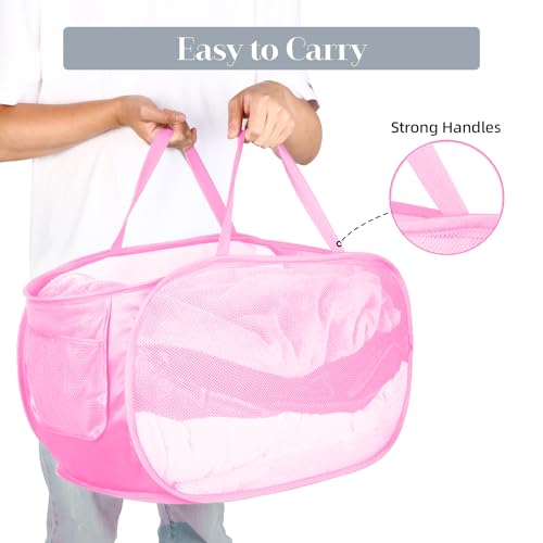 2 Pcs Durable Collapsible Laundry Baskets - Reinforced Mesh Pop Up Laundry Hamper with Pocket, Foldable Dirty Clothes Hamper with Carry Handles for Laundry, Bathroom, Kids Room, Dorm or Travel Pink - color: Pink, size: Pop Horizontal+Vertical