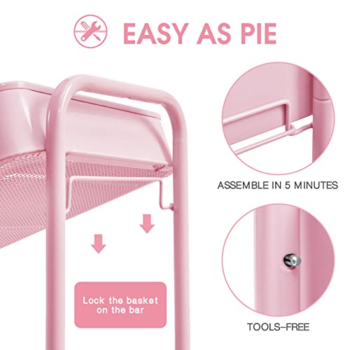 TOOLF 3-Tier Rolling Cart - Metal Utility Storage Organizer with Lockable Wheels, 33 lbs Per Shelf, Tool-Free 5-Min Assembly, for Kitchen Bathroom Office Nursery Craft Room, Pink - color: Pink, size: 3-Tier