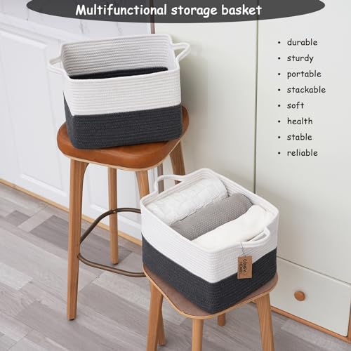 COMFY-HOMI Cotton Rope Woven Basket with Handles for Shelves,Toys,Book, Cloth Storage Baskets Bin for Organizing-13.5"x11"x9.5" Toy Decorative Organizer for Living Room, Bathroom-White/Dark Grey - color: dark grey, size: 13.5"X11"X9.5"