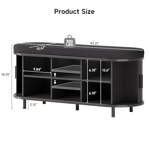 Oval Shoe Storage Bench with Padded Seat Cushion, 2-Tier Fluted Shoe Cabinet with Adjustable Shelves, Mid-Century Bench Compact for Entryway, Hallway, Closet, Front Accent, Foyer, Bedroom, Black
