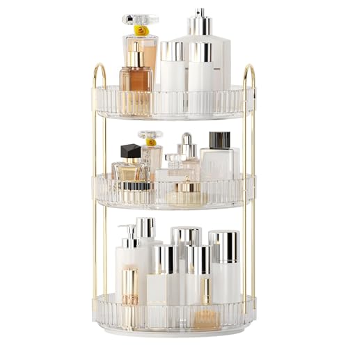 YCIA&DONE 360 Rotating Makeup Organizer and Storage for Vanity Countertop 3 Tiers, High Capacity Cosmetic Skincare Perfume Organizers for Dresser Bathroom Lazy Susan (Clear White) - color: Clear White, size: 9" (3 Tiers)