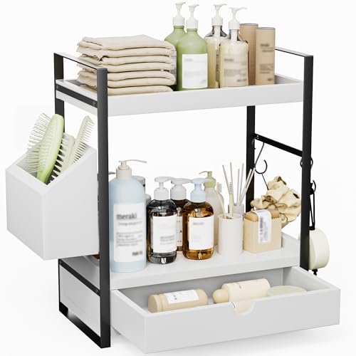 2-Tier Bathroom Counter Organizer with Drawer and Basket, Wood Countertop Organizer for Storage, Skincare Organizers for Vanity, Counter Shelf for Bathroom Organization,White - color: White