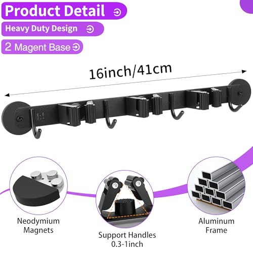 Magnetic Broom Holder Wall Mount - Heavy Duty Non-Slip Mop Hanger with 4 Hooks And 3 Rack, No Drill Tool Organizer for Refrigerator,Garage,Laundry Room (Black, 3Racks 4Hooks)