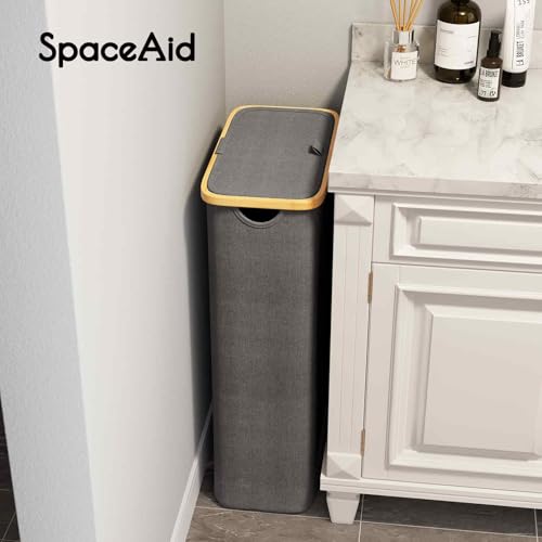 SpaceAid Slim Laundry Hamper with Lid, 65L Narrow Clothes Basket Bin with Bamboo Handles, Skinny Tall Collapsible Hamper for Bedroom, Bathroom, Dorm, Laundry Room - Grey - color: Grey, size: 65 L