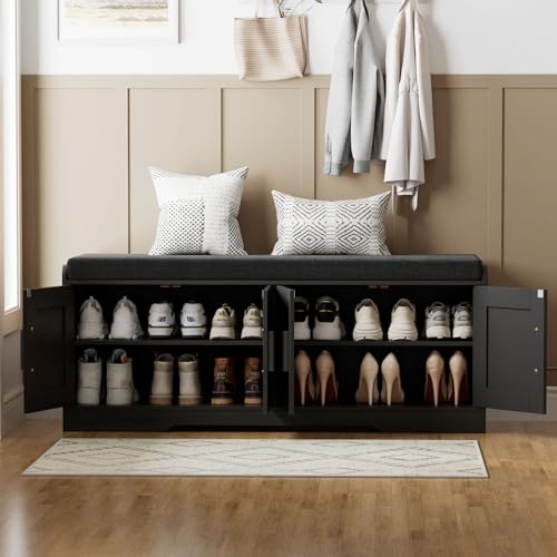Homleke 2-Tier Storage Bench, Shoe Bench with Thickened Padded Seat Cushion, Entryway Bench with 4 Doors, Adjustable Shelf, 13.8" D x 45.3" W x 18.5" H, for Entryway, Living Room, Bedroom, Black - color: Black, size: 45.3"