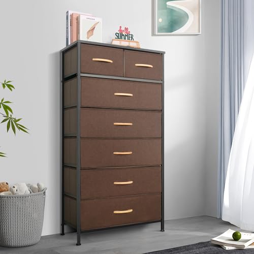 Mifuro Tall Dresser for Bedroom, Vertical Storage Organizer Tower with 7 Drawers, Chest of Drawers with Fabric Bins, Steel Frame, Wood Top for Bedroom, Closet, Entryway- Brown - color: Brown, size: 7 Drawers