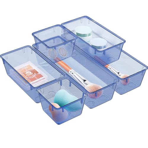 WOWBOX 6 Pack Clear Drawer Organizer Set, Acrylic Drawer Storage Trays, Storage Bins for Makeup, Cosmetics, Jewelries, Utensils, Gadgets, Office, Dark Blue - color: Dark Blue, size: 6 PCS