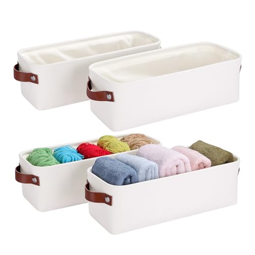 Kntiwiwo Small Fabric Storage Bins, 15x6x5 inch Narrow Storage Baskets 4-Pack Long Storage Basket for Organizing with Handles, Decorative Basket for Closets, Shelves, Toilet Paper, White - color: White, size: 15" x 6" x 5"