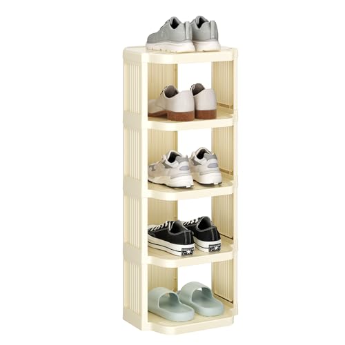 Kitstorack Vertical Shoe Rack: 5 Tiers Stackable Shoe Rack for Closet DIY Free Standing Shoe Organizer Small Shoe Shelf for Small Spaces and Narrow Spaces Plastic, White - color: Ivory, size: 5 Tiers