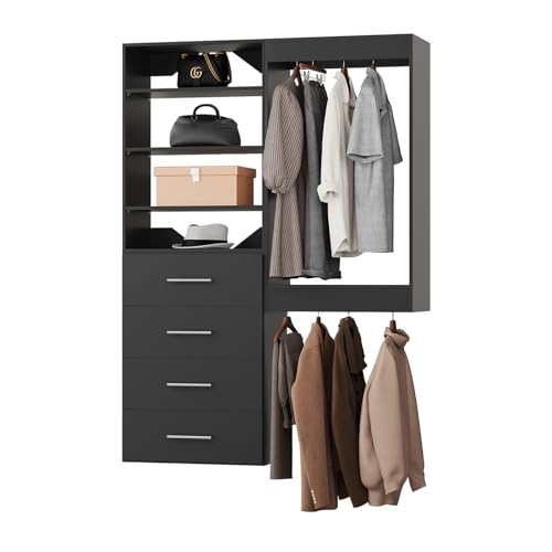 ROOMTEC Modular Closet System, 55" Wall-Mounted Closet Organizer with Drawers and Hanging Rods, Wooden Tower for Walk-In Closets, Wardrobe Storage Kit, Black - size: 55" Wide, style: Model 4