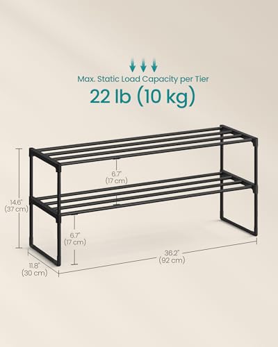 SONGMICS Shoe Rack, 2-Tier Shoe Organizer, Metal Storage Shelf, Upright or Upside Down, for 12-15 Pairs, Stackable, for Entryway, 11.8 x 36.2 x 14.6 Inches, Black ULSA12BK - color: Black, size: 2 Tiers (36.2"w)