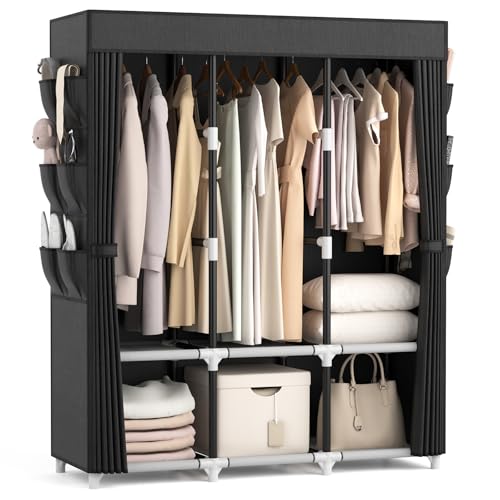 VTRIN Portable Closet for Hanging Clothes 52 Inch Wide Portable Wardrobe Closet with Cover, 6 Storage Shelves and 3 Hanging Rod, Diameter 19mm Metal Pipe, Sturdy Closet for Bedroom, Black - color: Black, size: 3 Row - 52'' Wide