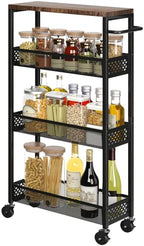 XYZLVSI Slim Storage Cart 4 Tier Narrow Kitchen Rolling Cart on Wheels for Small Space, Mobile Utility Cart Shelving Unit with Wooden Top and Metal Handle for Kitchen, Bathroom, Laundry Room - size: 16.7"Dx7.1"Wx34"H