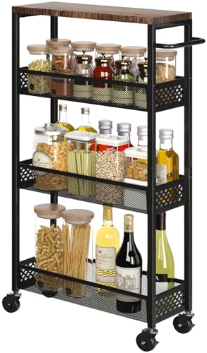 XYZLVSI Slim Storage Cart 4 Tier Narrow Kitchen Rolling Cart on Wheels for Small Space, Mobile Utility Cart Shelving Unit with Wooden Top and Metal Handle for Kitchen, Bathroom, Laundry Room - size: 16.7"Dx7.1"Wx34"H