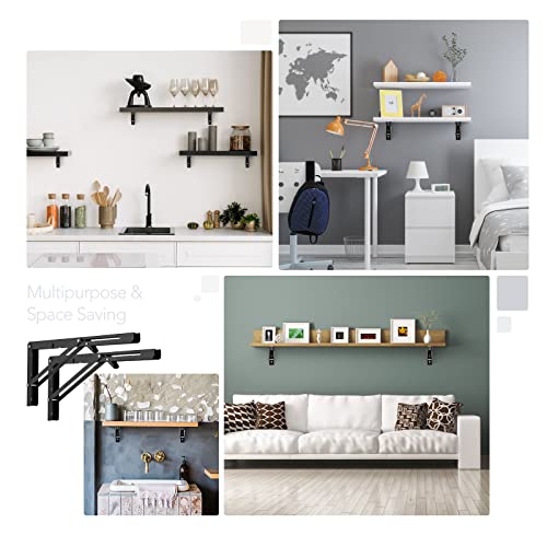 Ravinte 2 Pack 16 Inch Folding Shelf Brackets – Matte Black, Heavy Duty Collapsible Brackets for Tables and Benches – Space-Saving Design - size: 16 Inch