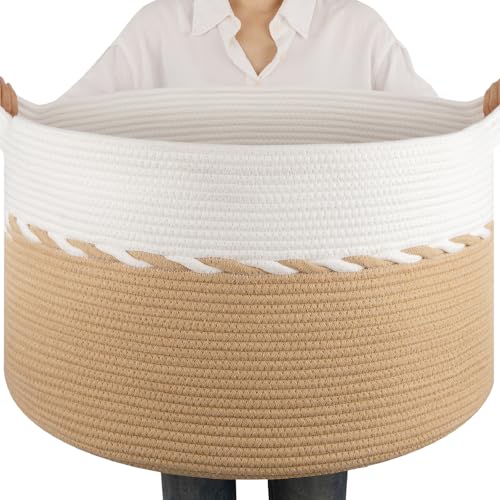 OIAHOMY 90L Blanket Basket for Living Room, Large Basket 23" x 23" x 13" with Handle, Laundry Hamper for Blankets, Pillows, Toy Storage for Kids, Dogs - Yellow & White - color: Yellow & White, size: 23" x 23" x 13"