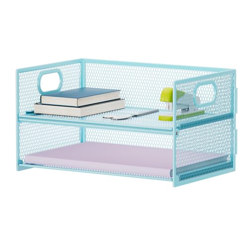 Marbrasse 2 Tier Paper Organizer Letter Tray, Mesh File Organizer with Handle, Paper Sorter Desk Organizer for Home Office Supplies - Blue - color: 2 Tier Blue
