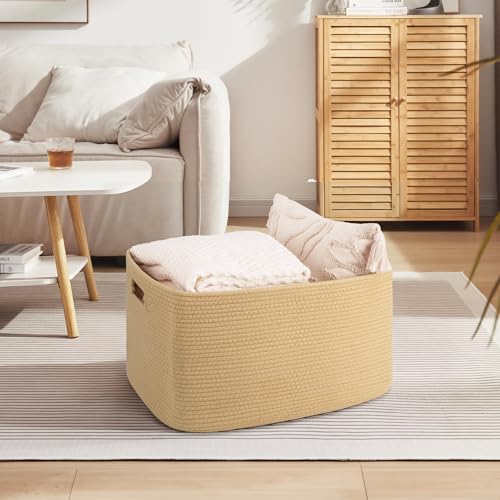 OIAHOMY 75L Large Blanket Basket, Woven Cotton Rope Baskets for Organizing 22”x17”x12”, Blanket Basket living Room, Toy Storage Bins for Nursery, Yellow - color: Yellow, size: 22”x17”x12”