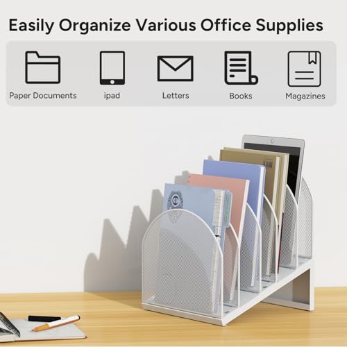5-Section Desk File Organizer, Metal Mesh Folder Organizer for Documents, Mail & Office Papers (White) - color: White