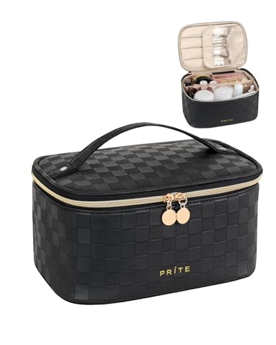 Prite Makeup Bag, Large Capacity Portable Travel Cosmetic Bag, Waterproof Makeup Organizer for Women with Handle and Divider (001 Checkered Black) - color: 001 Checkered Black