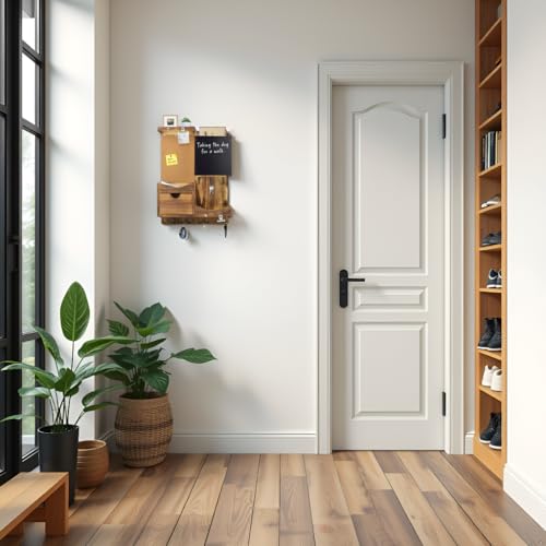 Key Holder Wall Mount， Mail Organizer Key Holder for Wall with Shelf, Drawer, Chalkboard, Corkboard, Home Decor Wall Mounted for Room Entryway(Natural Wood) - color: Natural Wood, size: Vertical
