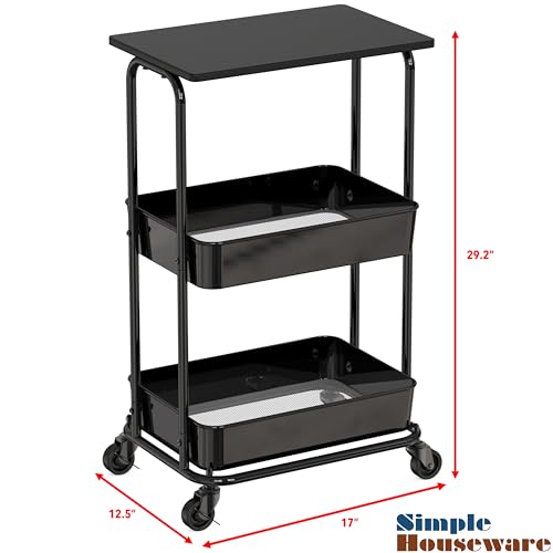 Simple Houseware 2-Tier Rolling Utility Cart with Lockable Wheels and Wood Top, Metal Storage Organizer Trolley for Kitchen, Bathroom, Office, Craft Room, Black - color: Black