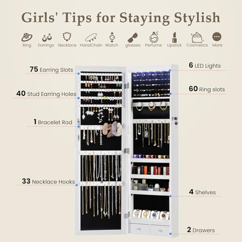 DUMOS 6 LEDs Mirror Jewelry Cabinet, Wall or Door Mounted Jewelry Organizer, 47.2-Inch Tall Lockable Large Capacity Cosmetic Storage, Gift Idea - color: White, size: Wall or Door Mounted -47.24 Inchs