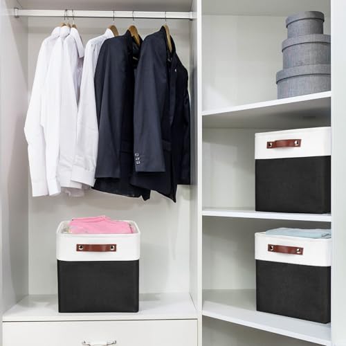Bagnizer Collapsible Fabric Storage Cubes 11x11 Cube Storage Bins, 4 Pack Closet Baskets Box with Handles for Organizing, Shelf, Toys, Clothes, Home, Office, Nursery (Black&White) - color: Black / Off-White, size: Cube - 11"x11"x11"