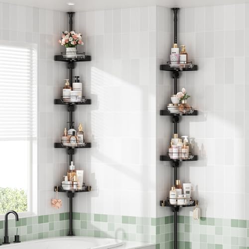 shuang qing 360° Rotating Corner Shower Caddy Tension Pole Organizer - 4-Tier Adjustable Rustproof Metal Pole, Plastic Shelves with Safety Guardrail, Bathroom Storage for Shower & Bathtub(Black) - color: Black, size: Rotation