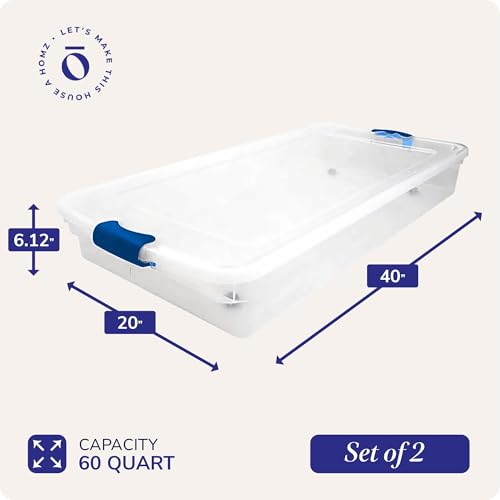 HOMZ 2-Pack Under Bed Storage, Clear Plastic Containers with Lids, 60 Quart, Blue Latch - Stackable Underbed Organizer Bins for Shoes, Bags, Clothes, and Towels - color: Blue, size: 60 Quart
