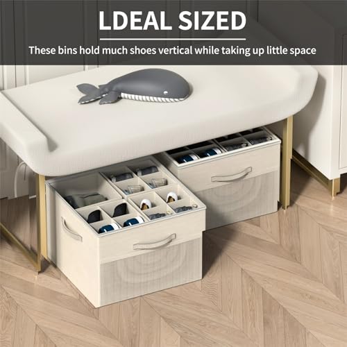Aokeyee Shoe Organizer for Closet,Foldable Shoe Storage Organizer Box Bin with Adjustable Dividers and Clear Cover, Fits up to 16 Pairs - color: Beige, size: 1 PCS