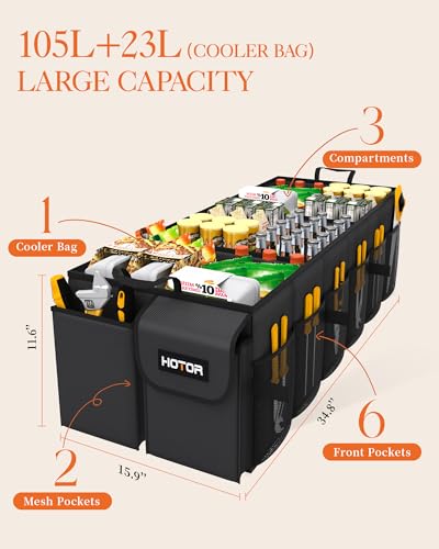 HOTOR Trunk Organizer for Car & SUV, Sturdy Car Organizer with Removable Cooler, Large Foldable Trunk Organizer with Cooler, 6 Compartments, Adjustable Straps, Black, 34.8”×15.9“×11.6” - color: Black, size: XX-Large