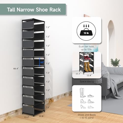 Vertical Shoe Rack, 10 Tier Narrow Shoe Rack for Closet & Entryway, Space Saving Tall Shoe Organizer for Small Spaces, Sturdy Metal Stackable Shoe Shelf Tower for Boots & Heels, Black - color: Black