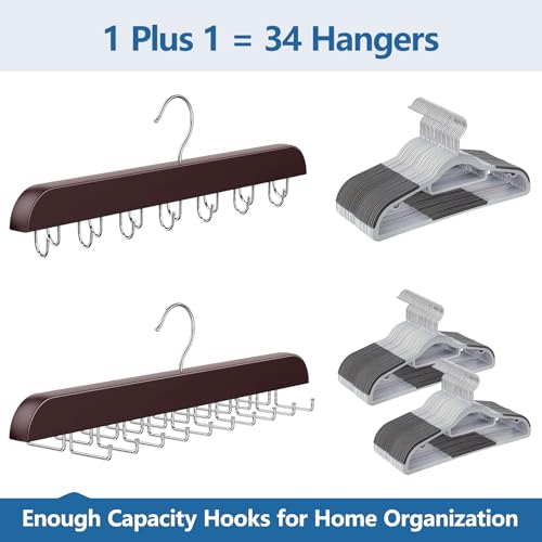 2 Pack Tie Rack & Belt Hanger 2 in 1 Tie Hanger Space Saving Max 42 Belts& 60 Ties Capacity for Closet Organizers and Storage, Sturdy Wood Belt & Tie Collection Organizer - color: Brown