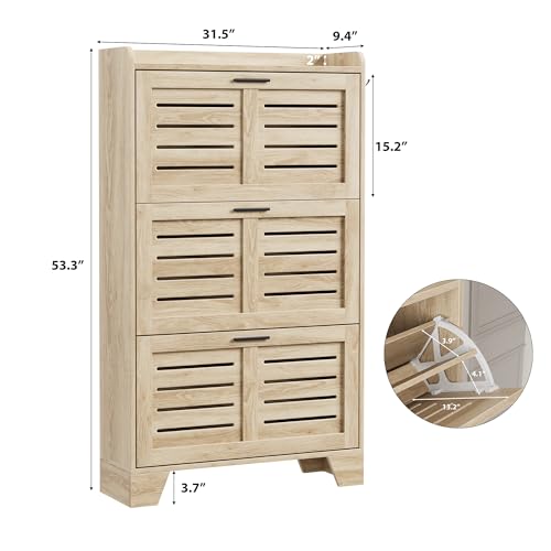 Garvee Shoe Storage Cabinet with 3 Flip Drawers, Freestanding Shoe Organizer Storage for Entryway with 2 Side Hooks, Farmhouse Hidden Slim Narrow Shoe Rack Cabinet, Natural Oak - color: Natural Oak, size: 3-Drawers