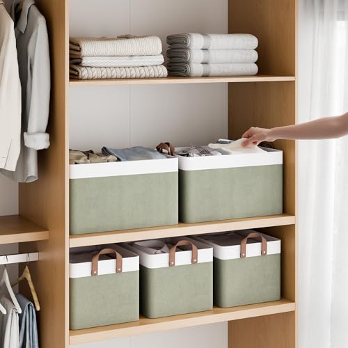 StorageWorks Storage Bins, Fabric Storage Bins for Shelves, Extra Large Storage Baskets with Metal Frame, Closet Baskets and Bins with Handles, Jumbo, Green and White, 2-Pack - color: Green and White, size: 19" L x 13 ¼" W x 11" H