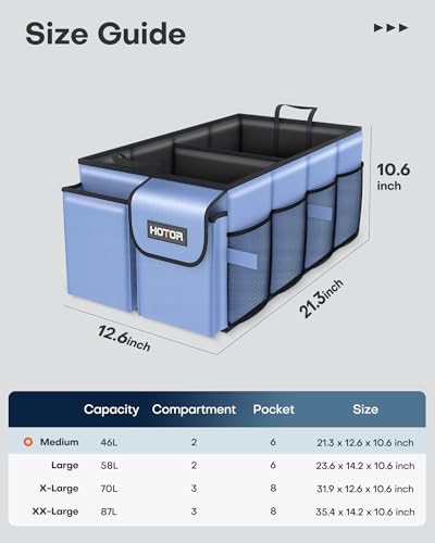 HOTOR Trunk Organizer for Car - Car Organizer, Foldable Trunk organizer for SUVs & Sedans, Sturdy Organization for Car Accessories, Tools, Sundries, Blue, 2 Compartments, 21.3"×12.6"×10.6" | Foldable, Sturdy Organization, for Car Accessories, Tools, Sundr