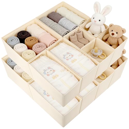 Drawer Organizer Clothes, 16 Pack Dresser Organizer Bins, Foldable Closet Organizers and Storage Fabric Dresser Bins, Shallow Drawer Dividers for Clothing, Underwears, Socks, Tie - color: off-white